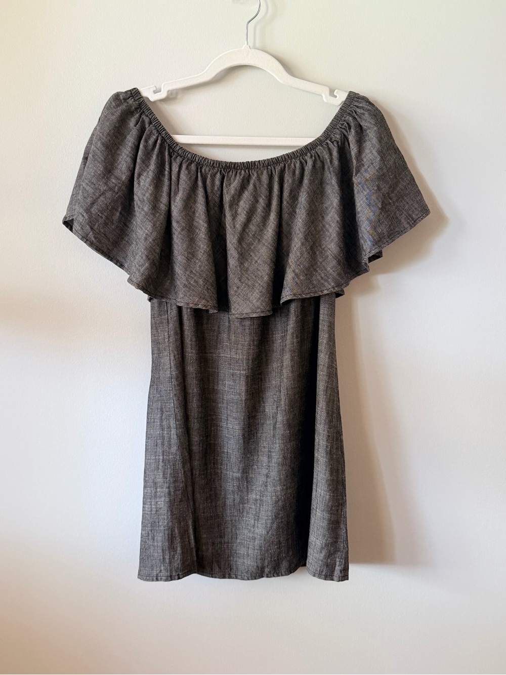 Reformation Charcoal Off Shoulder Ruffle Mini Dress